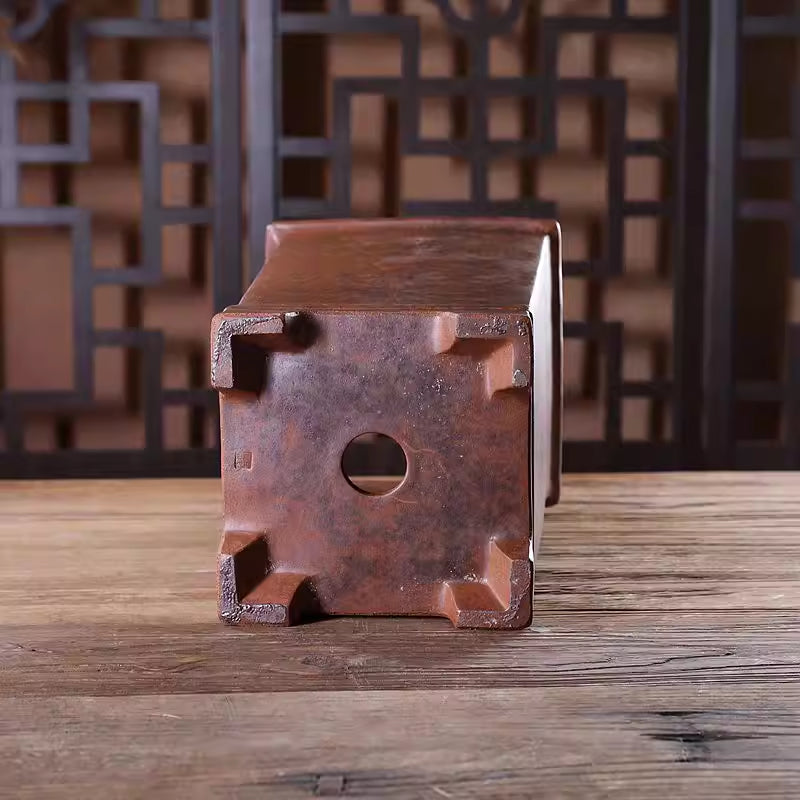 11.5 inch (29.2cm) Deep Square Firewood Speckled Finish Unglazed Cascade Bonsai Pot Bottom View