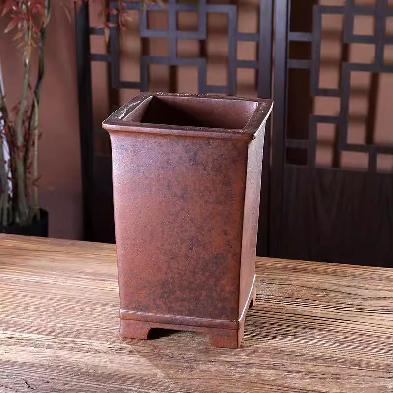 11.5 inch (29.2cm) Deep Square Firewood Speckled Finish Unglazed Cascade Bonsai Pot Corner View