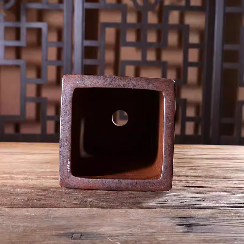 11.5 inch (29.2cm) Deep Square Firewood Speckled Finish Unglazed Cascade Bonsai Pot Inner View
