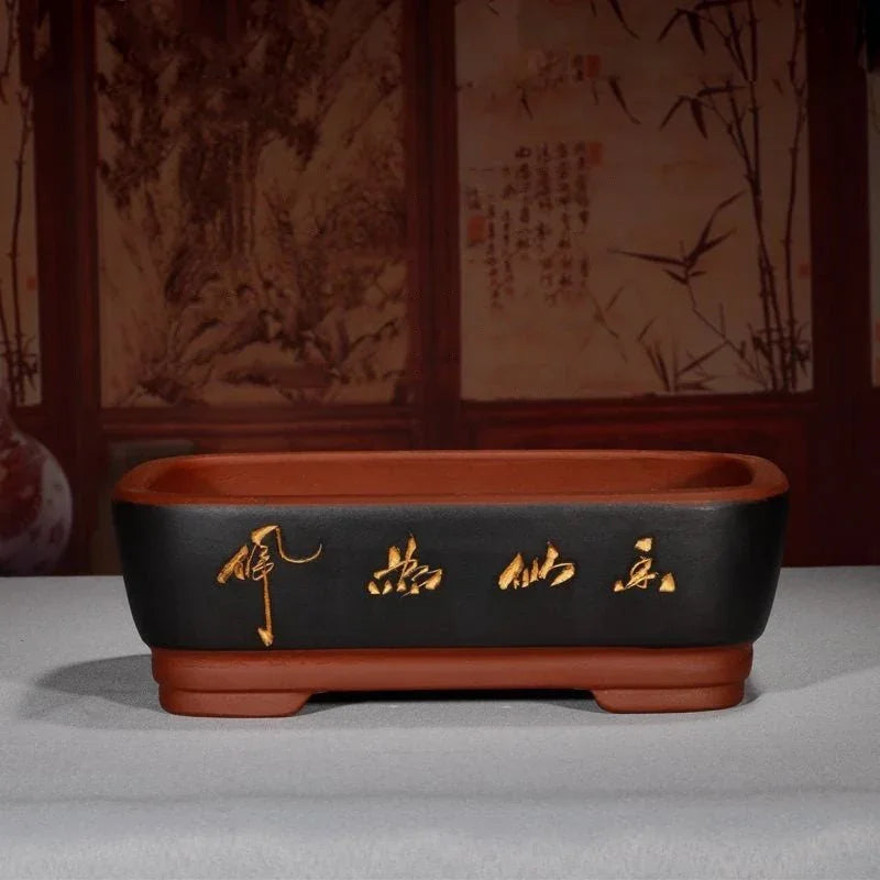 11.6" (29.5cm) Large Elegant Rectangular Bonsai Pots w Calligraphy Black Color