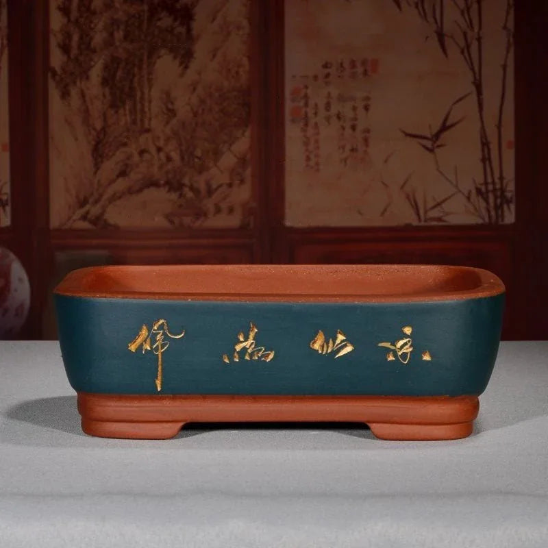 11.6" (29.5cm) Large Elegant Rectangular Bonsai Pots w Calligraphy Blue Color