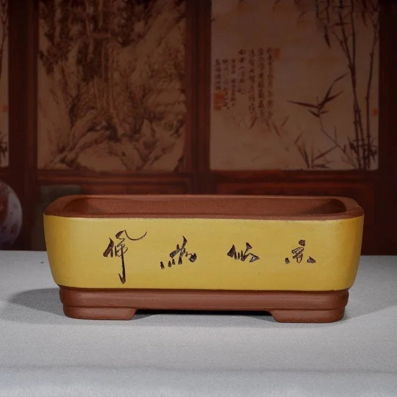 11.6" (29.5cm) Large Elegant Rectangular Bonsai Pots w Calligraphy Yellow Color
