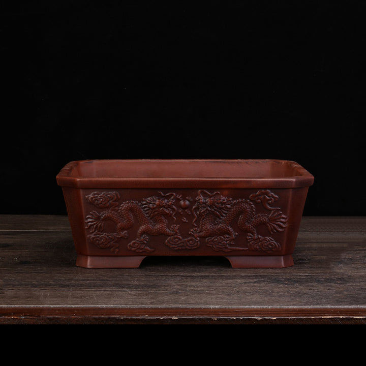 11.6 inch (29.5cm) Large Rectangular Bonsai Pot w Twin Dragon Relief
