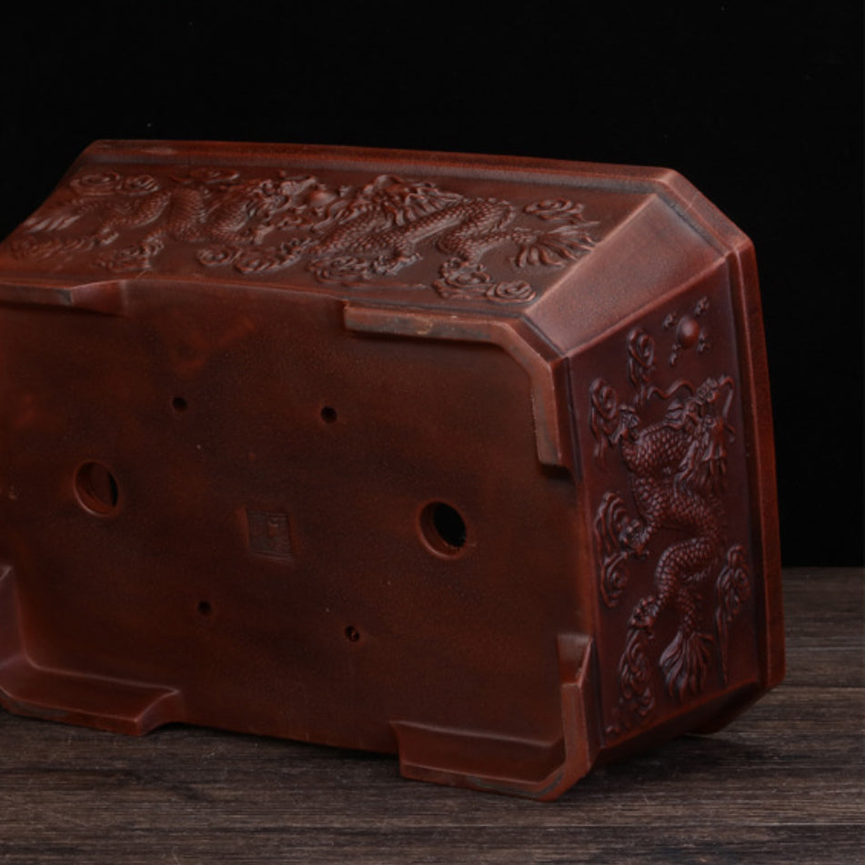 11.6 inch (29.5cm) Large Rectangular Bonsai Pot w Twin Dragon Relief Bottom View