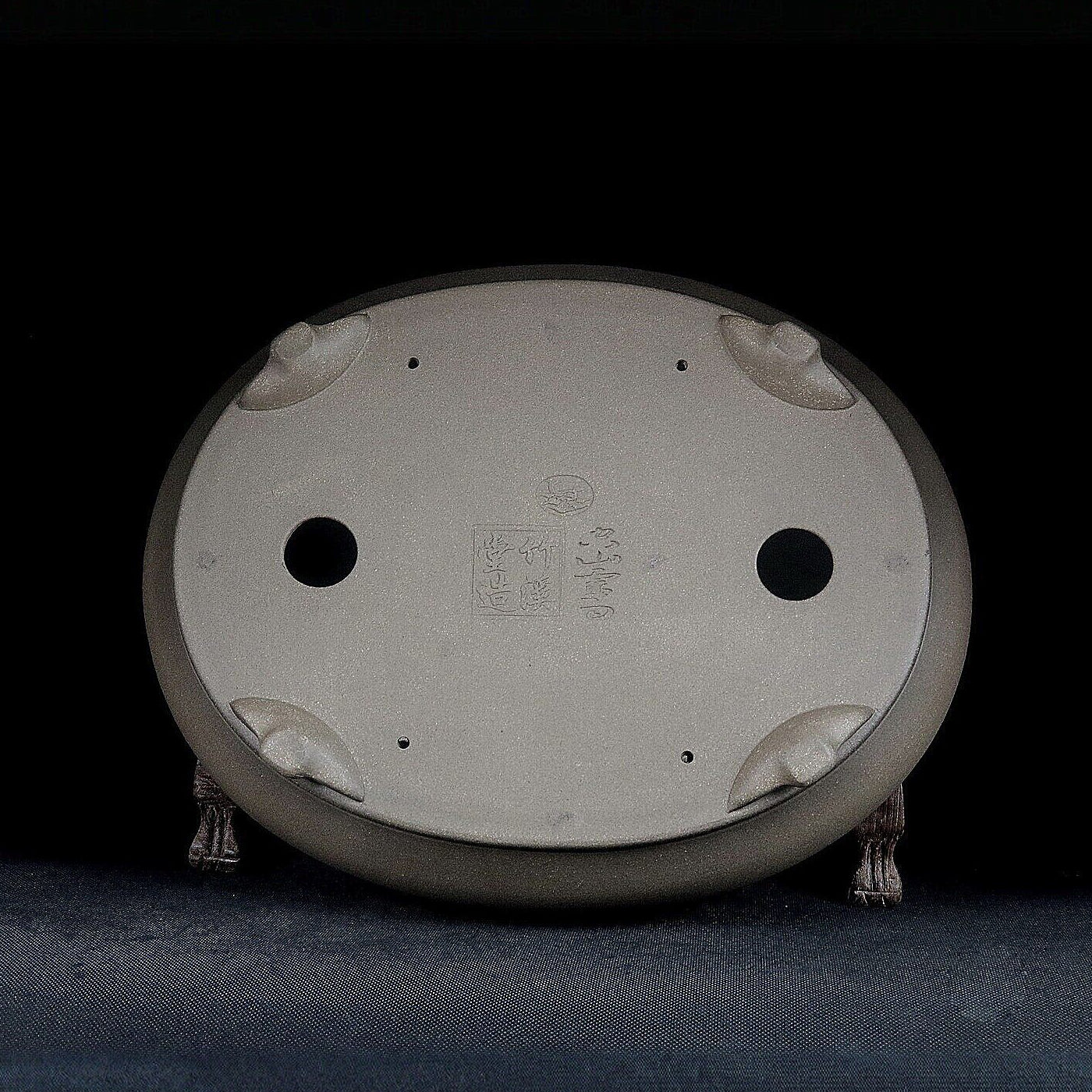 11.6 inch (29.5cm) Large Traditional Oval Studded Beige Unglazed Bonsai Pot Bottom View