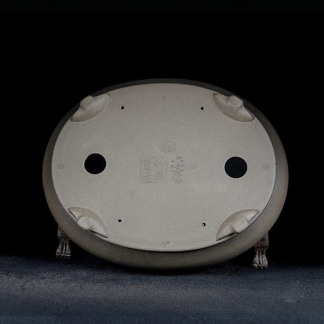 11.6 inch (29.5cm) Large Traditional Oval Studded Beige Unglazed Bonsai Pot Bottom View