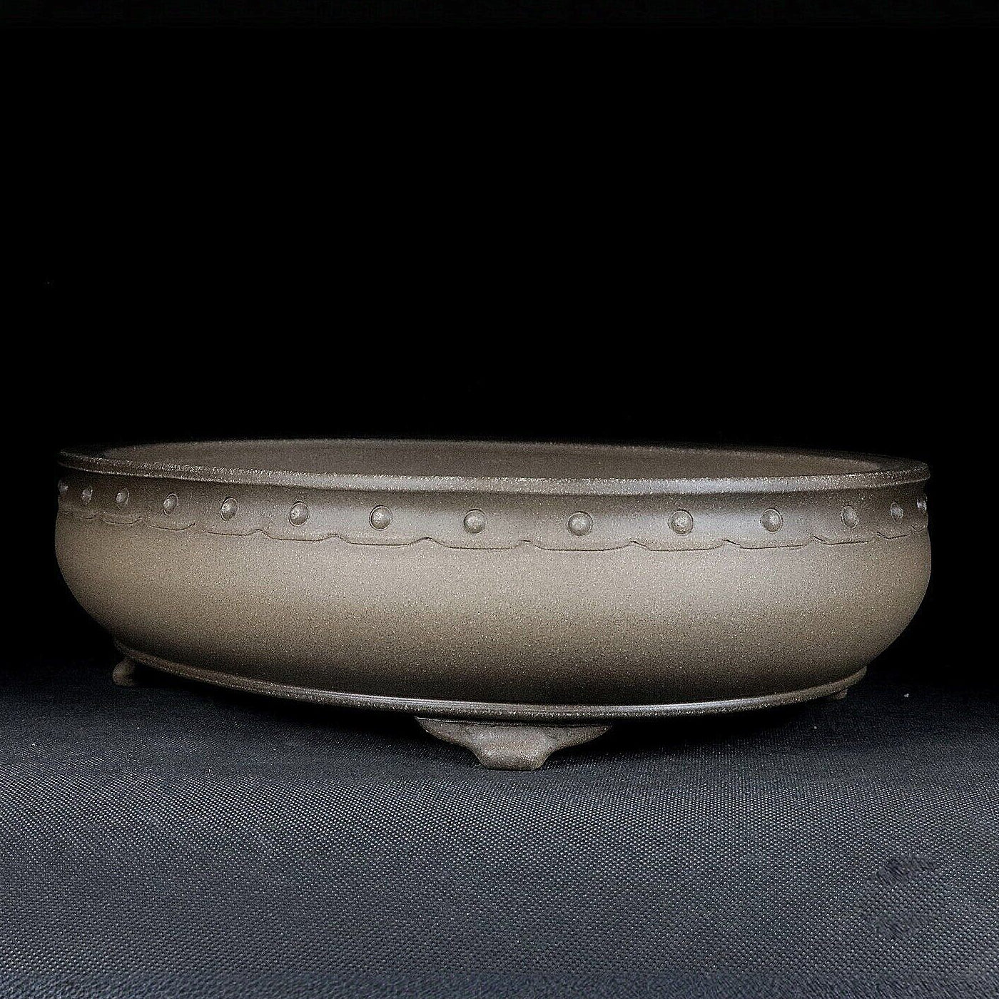 11.6 inch (29.5cm) Large Traditional Oval Studded Beige Unglazed Bonsai Pot Corner View