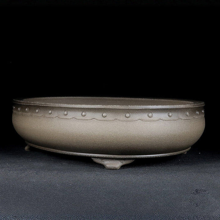 11.6 inch (29.5cm) Large Traditional Oval Studded Beige Unglazed Bonsai Pot Corner View