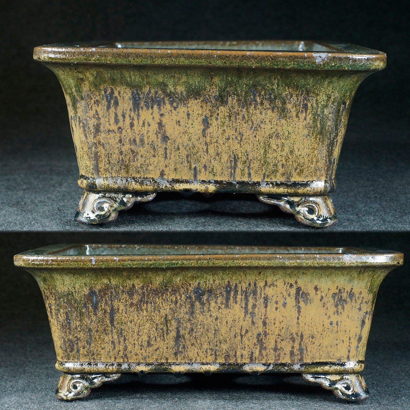 11.7 inch (29.8cm) Large Flared Rectangular Jun Glaze Multi-Tone Deep Bonsai Pot Side View