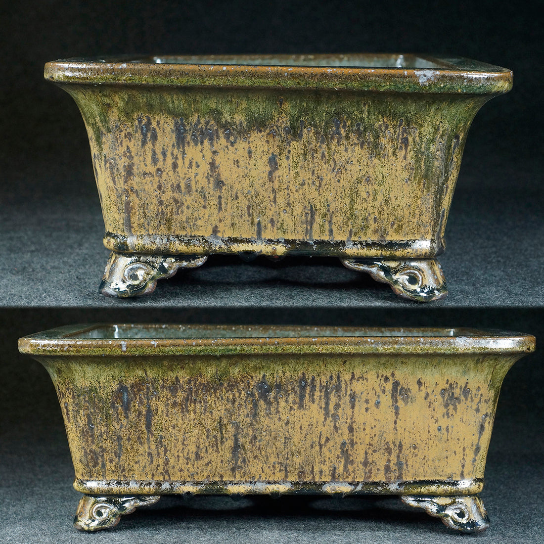 11.7 inch (29.8cm) Large Flared Rectangular Jun Glaze Multi-Tone Deep Bonsai Pot Side View