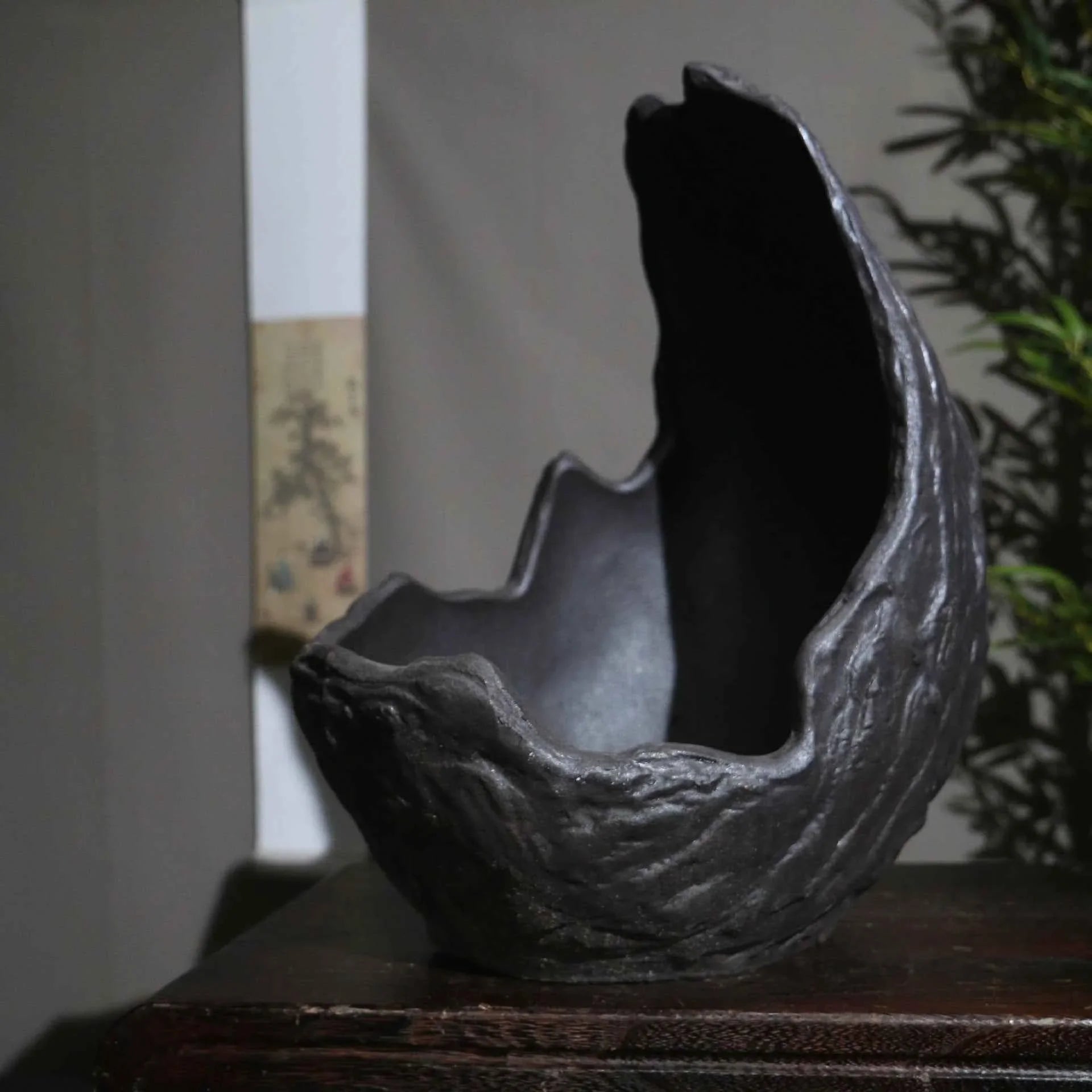 11.8" (30cm) Large Black Abstract Crescent Bonsai Pot Handcrafted