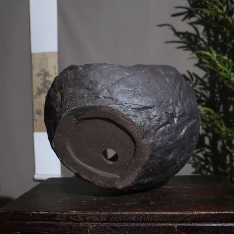 11.8" (30cm) Large Black Abstract Crescent Bonsai Pot Handcrafted Bottom View