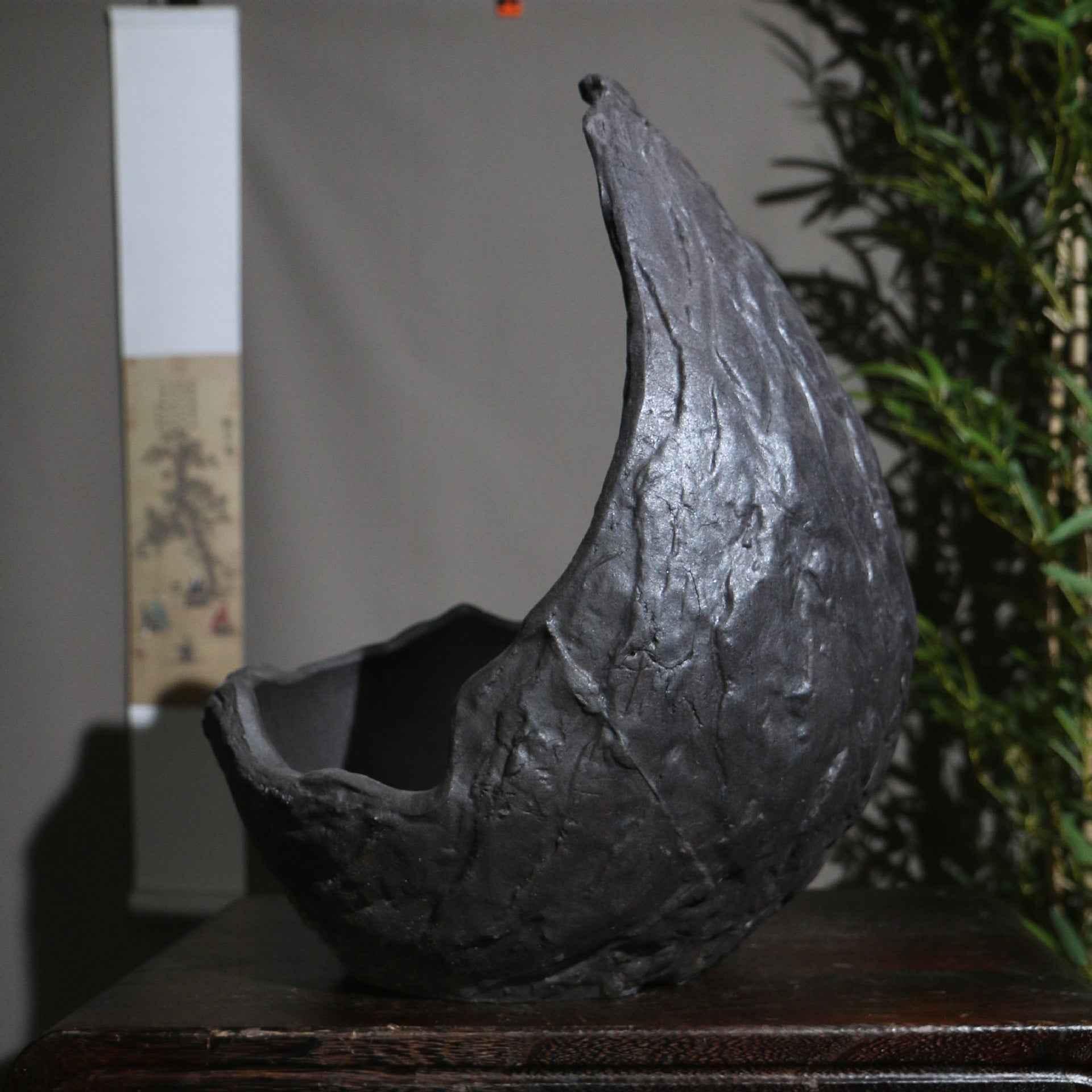 11.8" (30cm) Large Black Abstract Crescent Bonsai Pot Handcrafted