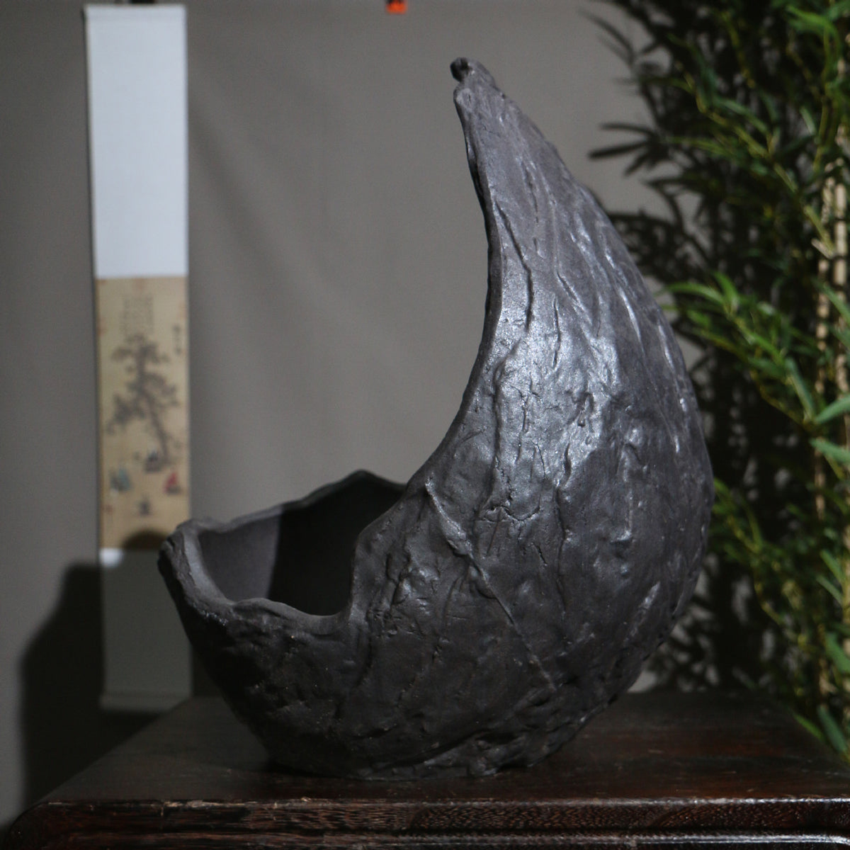 11.8" (30cm) Large Black Abstract Crescent Bonsai Pot Handcrafted Corner View