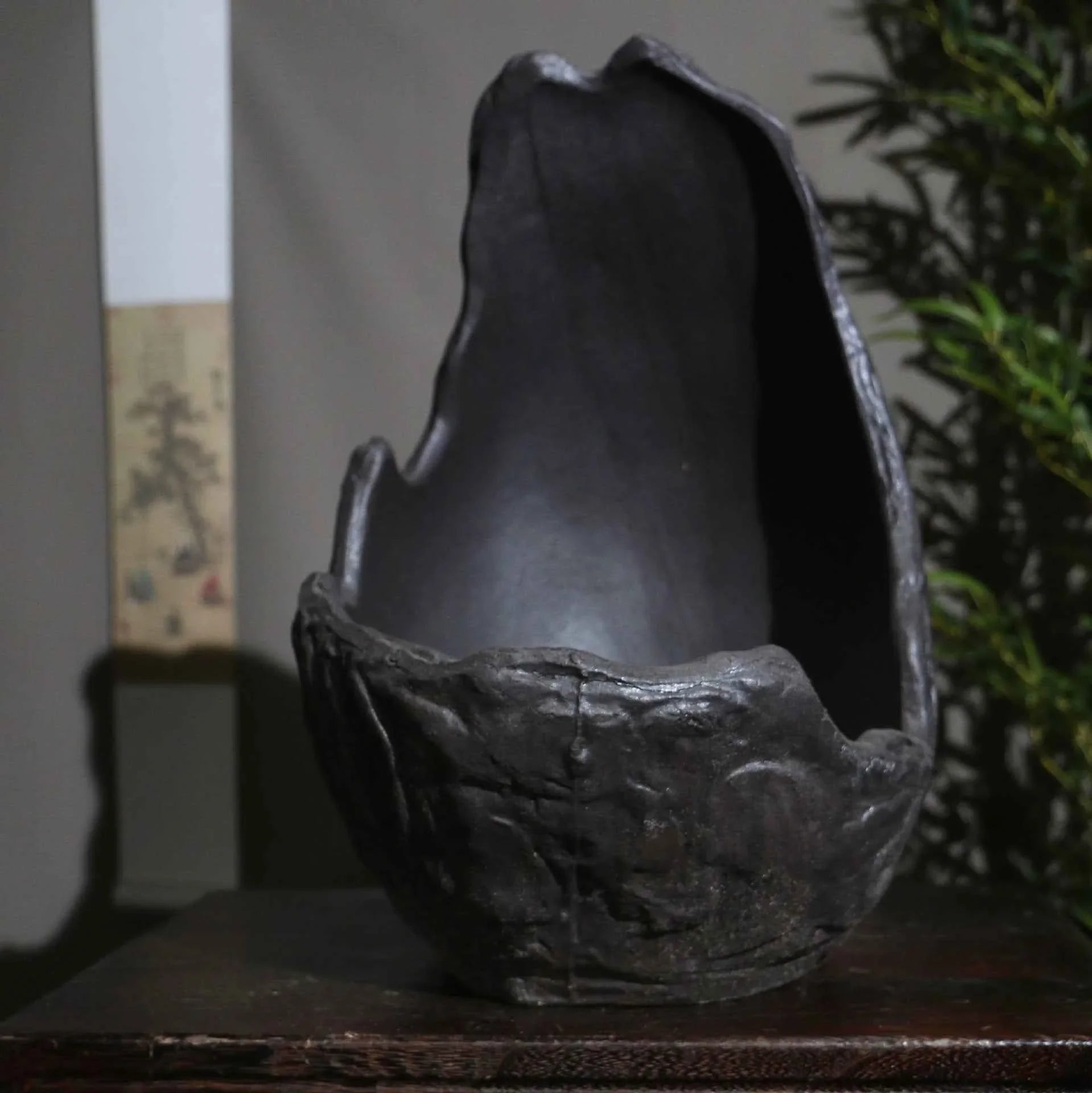 11.8" (30cm) Large Black Abstract Crescent Bonsai Pot Handcrafted