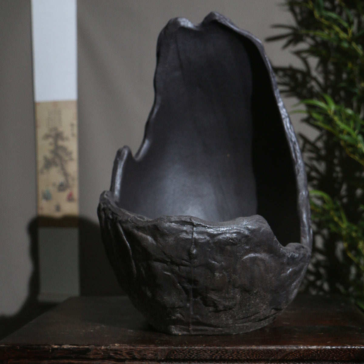 11.8" (30cm) Large Black Abstract Crescent Bonsai Pot Handcrafted Front View