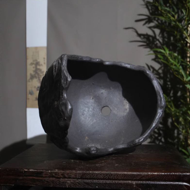 11.8" (30cm) Large Black Abstract Crescent Bonsai Pot Handcrafted Inner View
