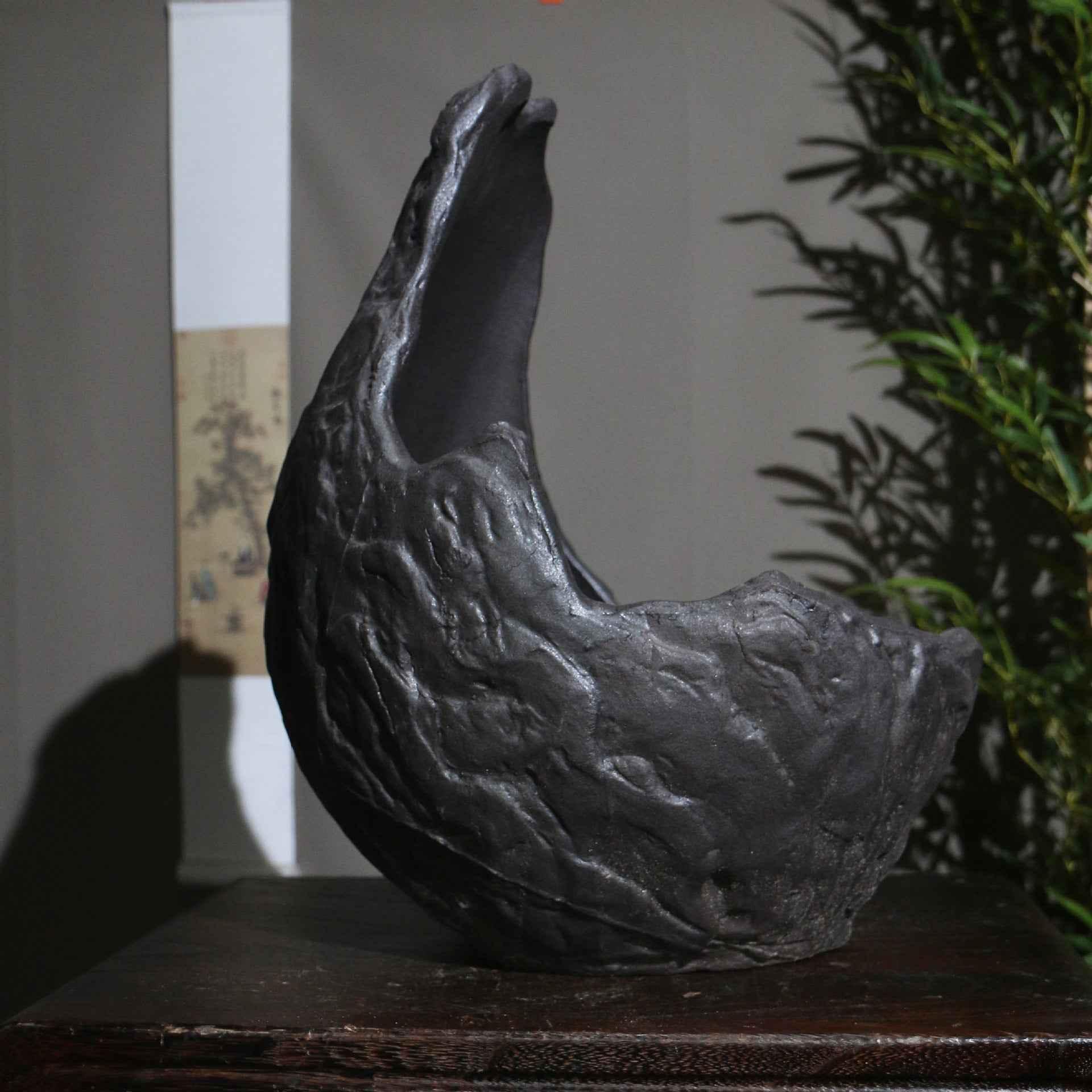 11.8" (30cm) Large Black Abstract Crescent Bonsai Pot Handcrafted