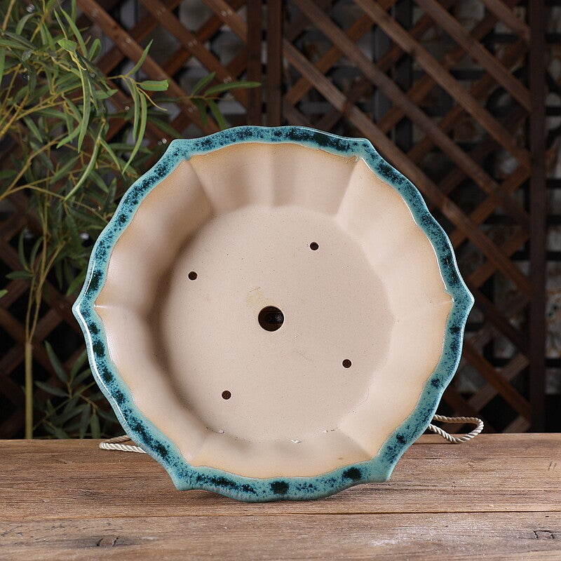 11.8" (30cm) Large Lotus Shaped Multi-Tone Glazed Bonsai Pots w Cloud Feet Inner View