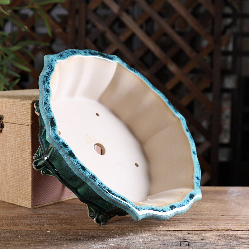 11.8" (30cm) Large Lotus Shaped Multi-Tone Glazed Bonsai Pots w Cloud Feet Side Inner View