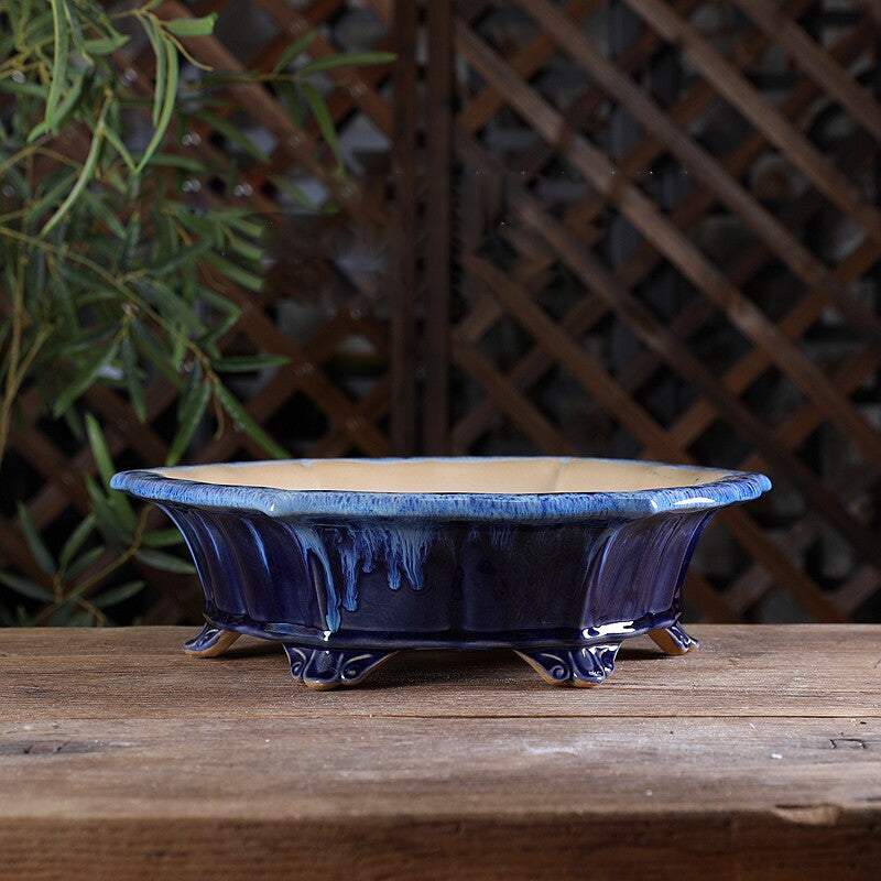 11.8" (30cm) Large Lotus Shaped Multi-Tone Glazed Bonsai Pots w Cloud Feet Blue Color