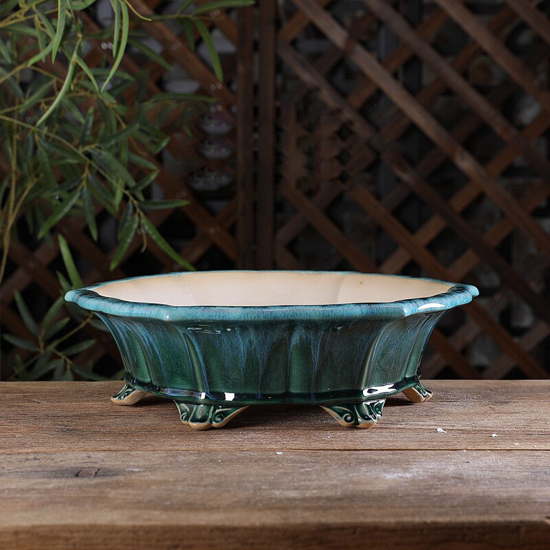 11.8" (30cm) Large Lotus Shaped Multi-Tone Glazed Bonsai Pots w Cloud Feet Green Color