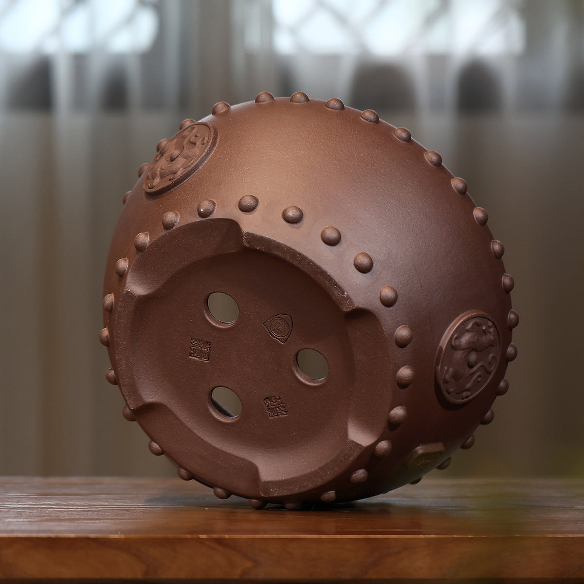11.8" (30cm) Large Round Studded Unglazed Drum Bonsai Pot Bottom View
