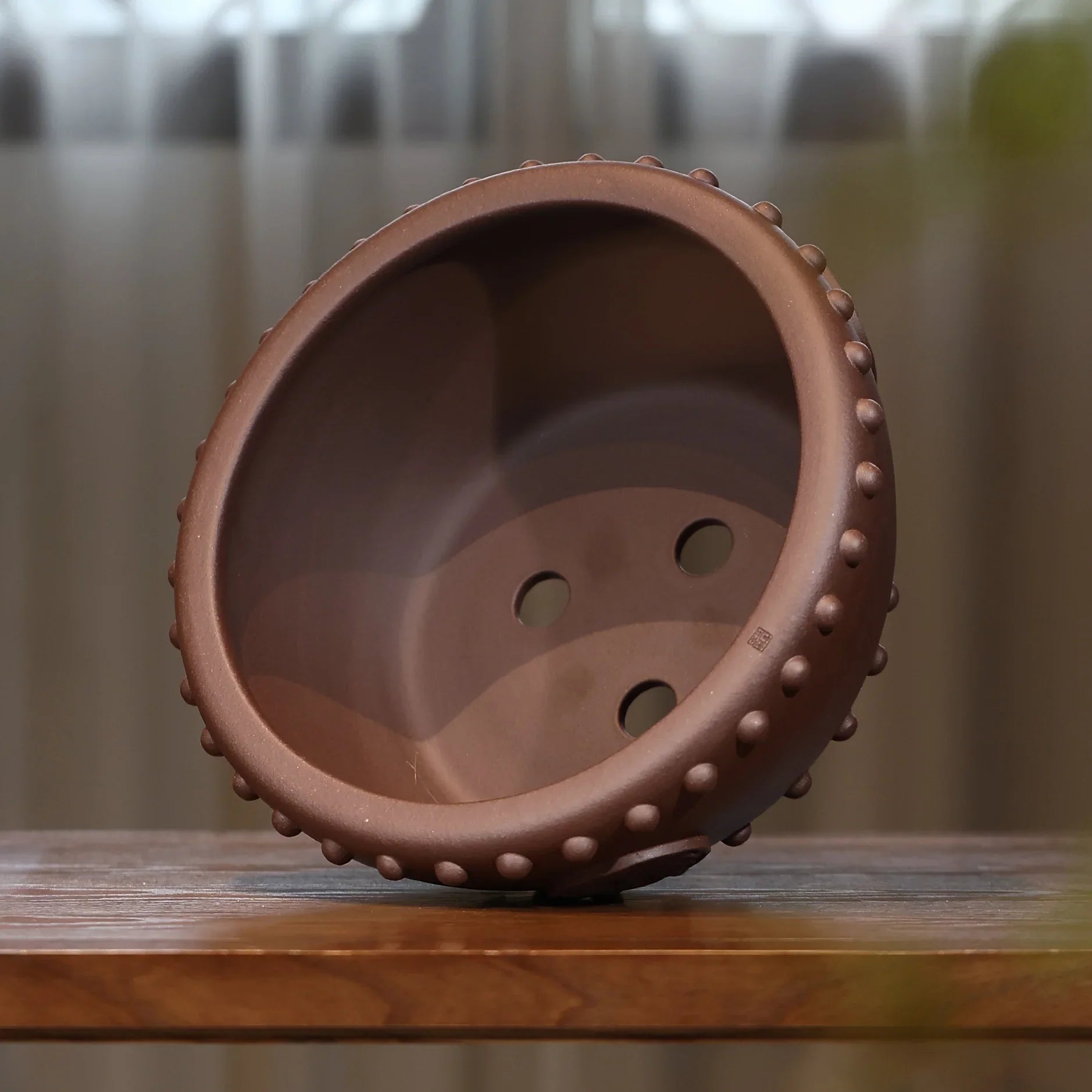 11.8" (30cm) Large Round Studded Unglazed Drum Bonsai Pot Inner View