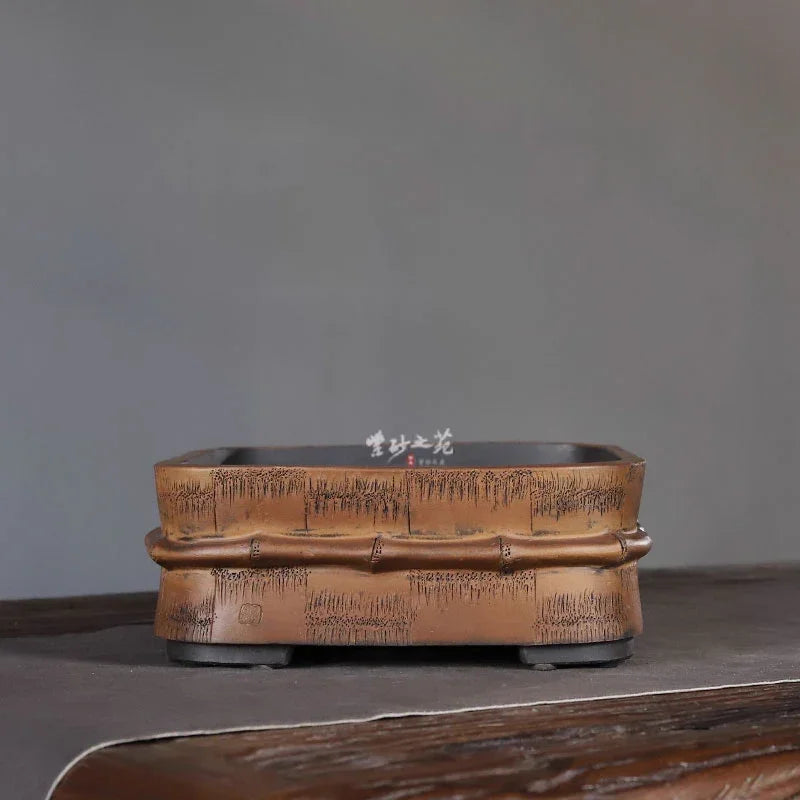 11.8 inch (30cm) Large Exclusive Rectangle Bonsai Pot w Bamboo Motif Back View