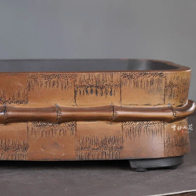 11.8 inch (30cm) Large Exclusive Rectangle Bonsai Pot w Bamboo Motif Close Shot