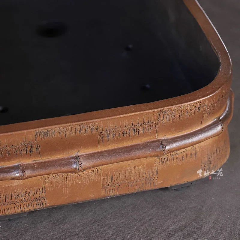 11.8 inch (30cm) Large Exclusive Rectangle Bonsai Pot w Bamboo Motif Corner Close Shot