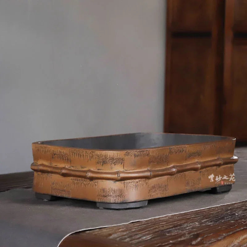 11.8 inch (30cm) Large Exclusive Rectangle Bonsai Pot w Bamboo Motif Corner View