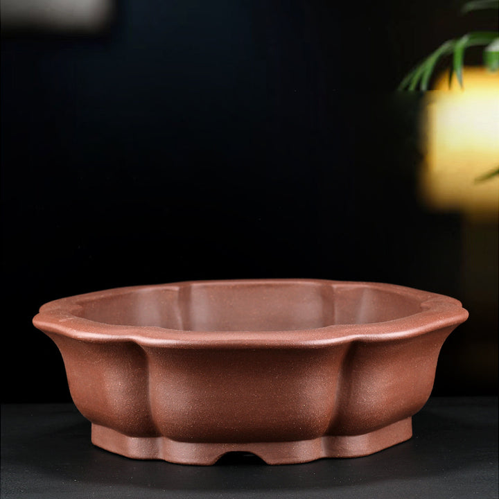 11.8 inch (30cm) Large Lotus Petal-Like Hexagonal Traditional Unglazed Bonsai Pot