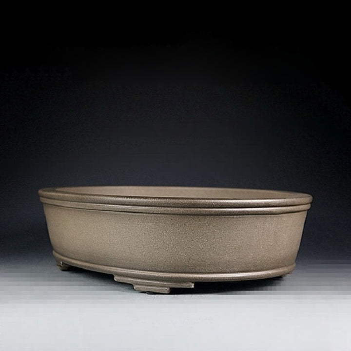 11.8 inch (30cm) Large Oval Unglazed Classic Ceramic Bonsai Pot w Raised Line Rim & Feet Corner View