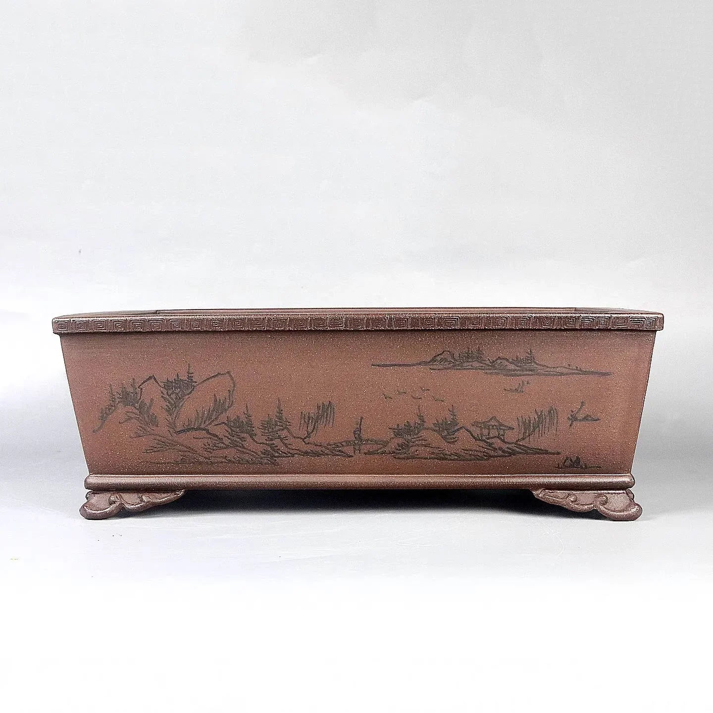 11.8 inch (30cm) Large Rectangular Bonsai Pot w Hand-Painted Landscape Design