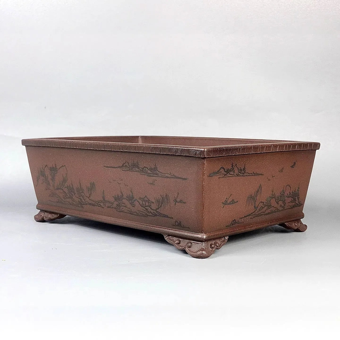 11.8 inch (30cm) Large Rectangular Bonsai Pot w Hand-Painted Landscape Design Corner View