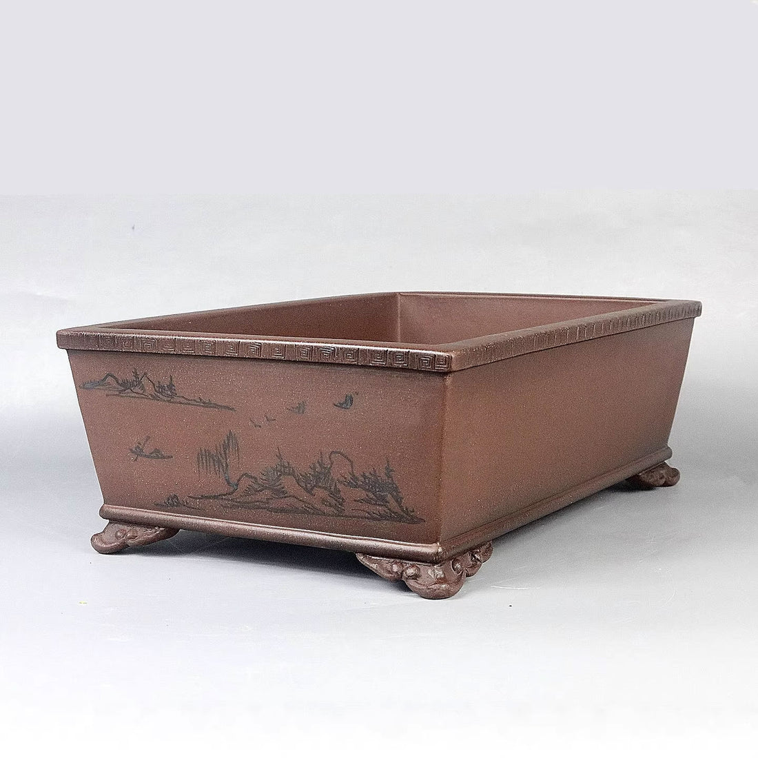 11.8 inch (30cm) Large Rectangular Bonsai Pot w Hand-Painted Landscape Design Corner View 2
