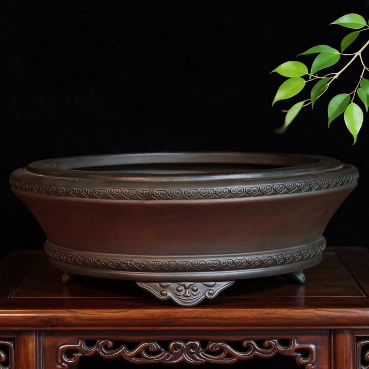 11.8 inch (30cm) Large Round Unglazed Bonsai Pot w Decorative Rim & Raised Feet