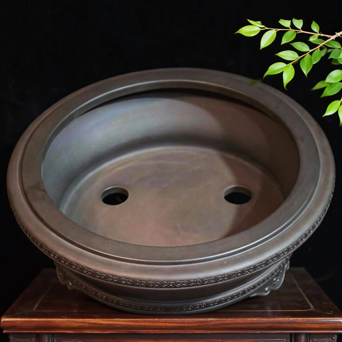 11.8 inch (30cm) Large Round Unglazed Bonsai Pot w Decorative Rim & Raised Feet Inner View