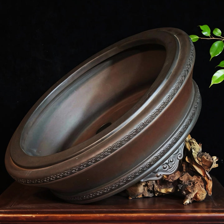 11.8 inch (30cm) Large Round Unglazed Bonsai Pot w Decorative Rim & Raised Feet Side View