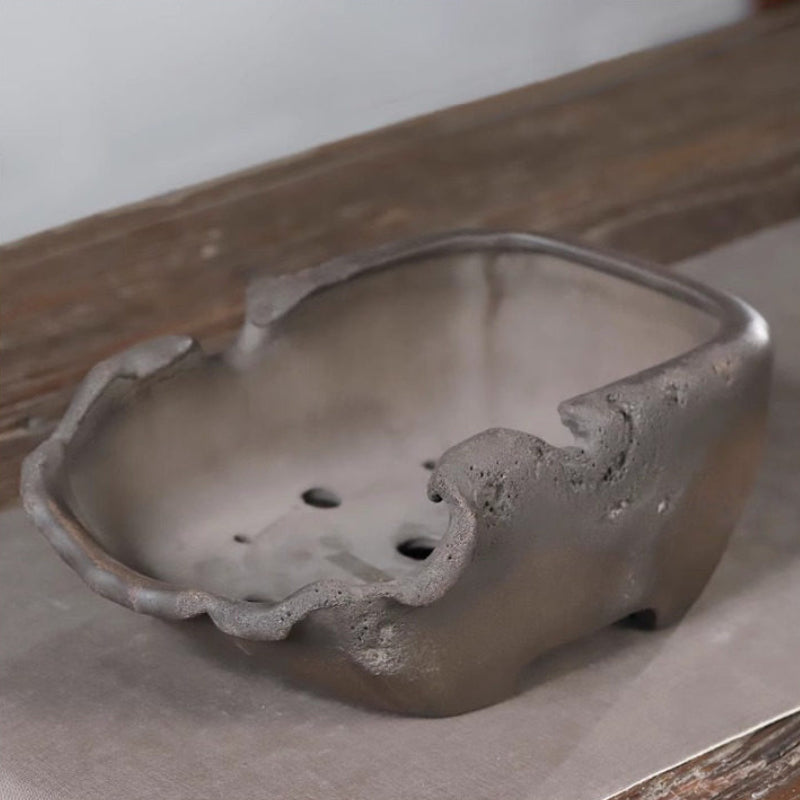 11 inch (28cm) Large Rectangular Eroded Broken Edge Style Abstract Unglazed Bonsai Pot Corner View