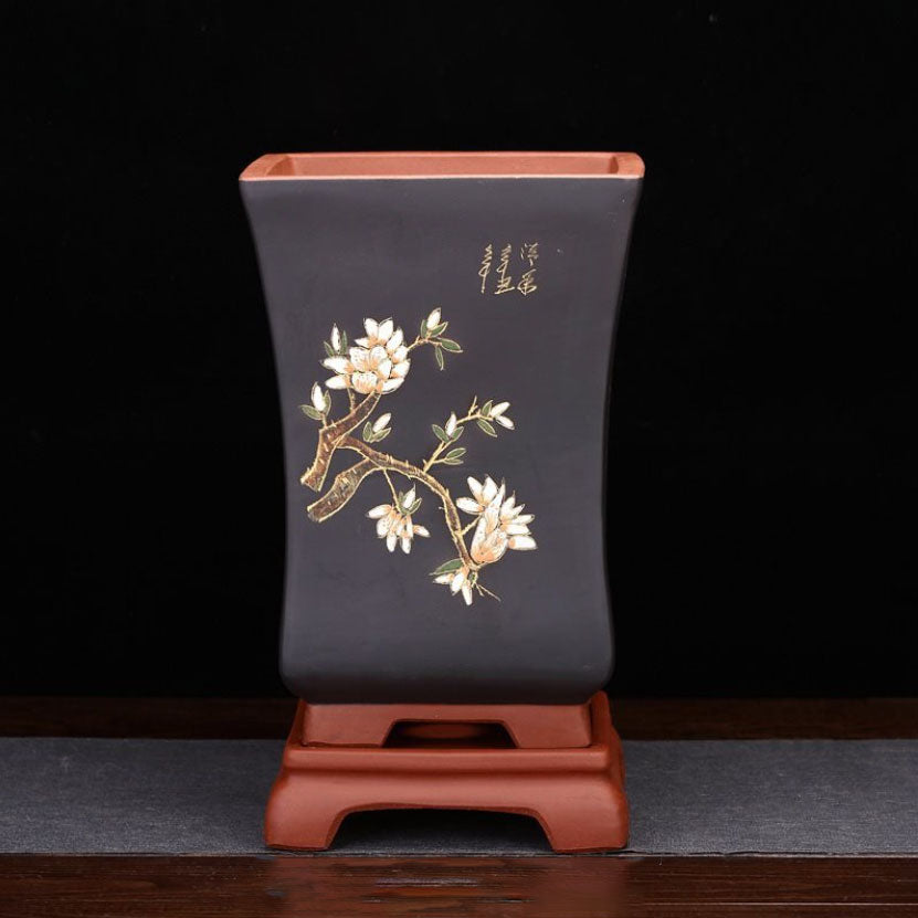 11" (28cm) Deep Black Yixing Clay Square Cascade Bonsai Pot w Stand