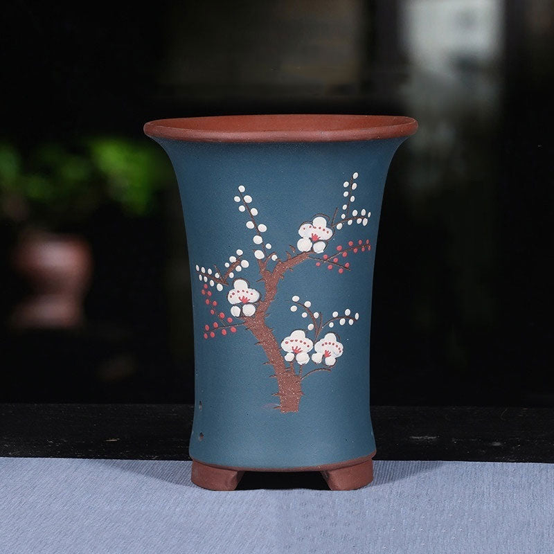 11" (28cm) Deep Round Artistic Floral Blue Cascade Bonsai Pot
