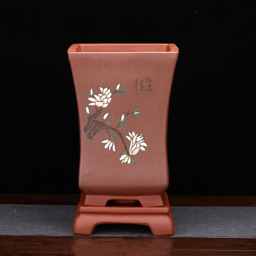 11" (28cm) Deep Yixing Clay Square Brown Cascade Bonsai Pot with Stand