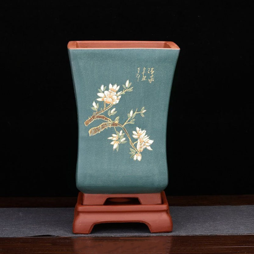 11" (28cm) Deep Yixing Clay Square Teal Cascade Bonsai Pot with Stand