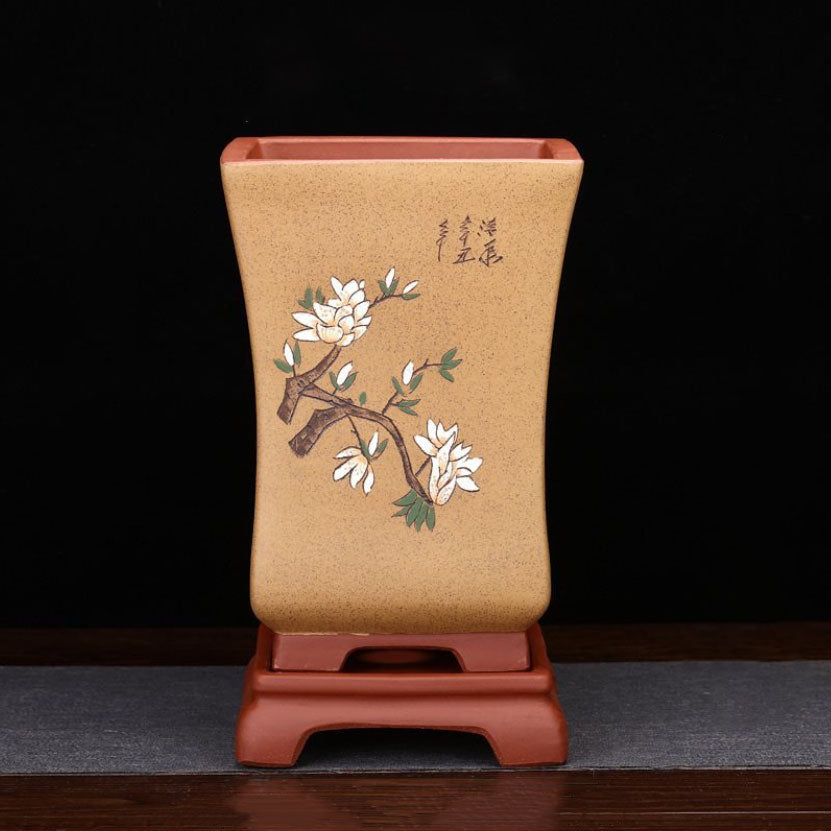 11" (28cm) Deep Yixing Clay Yellow Square Cascade Bonsai Pot w Stand