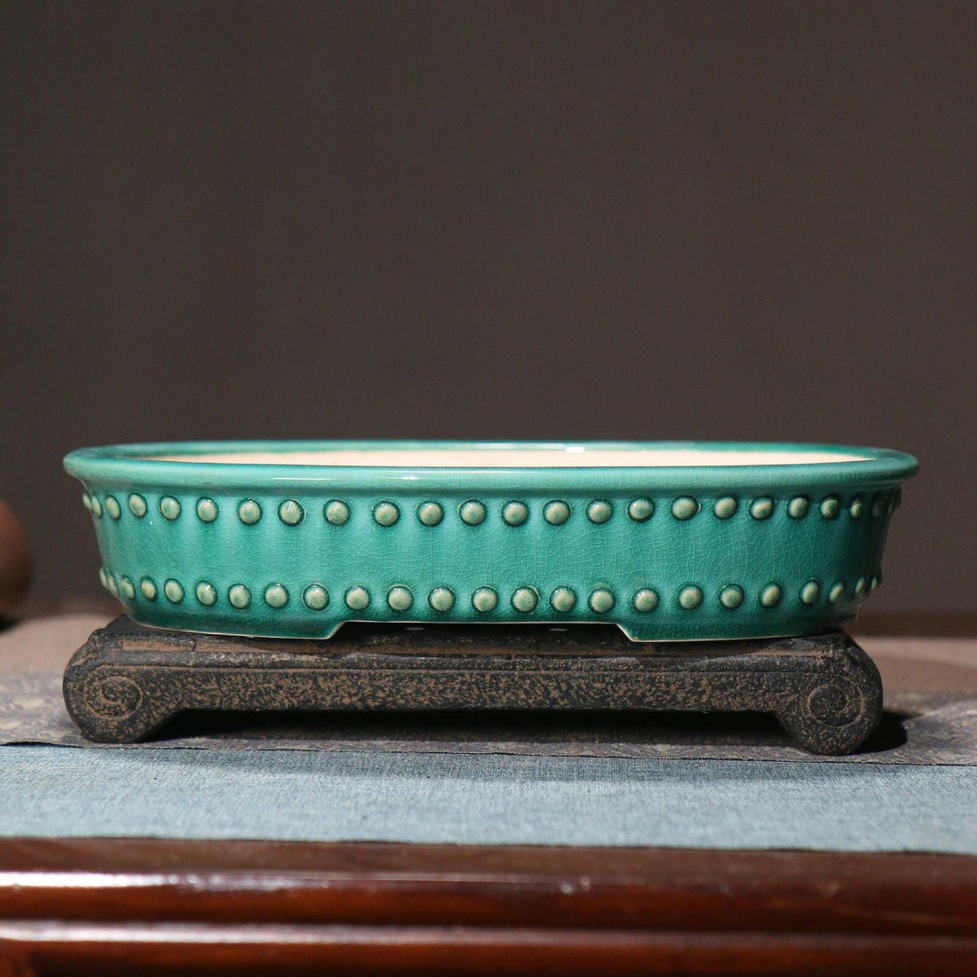 11" (28cm) Large Oval Studded Shallow Cracked Glaze Bonsai Pot