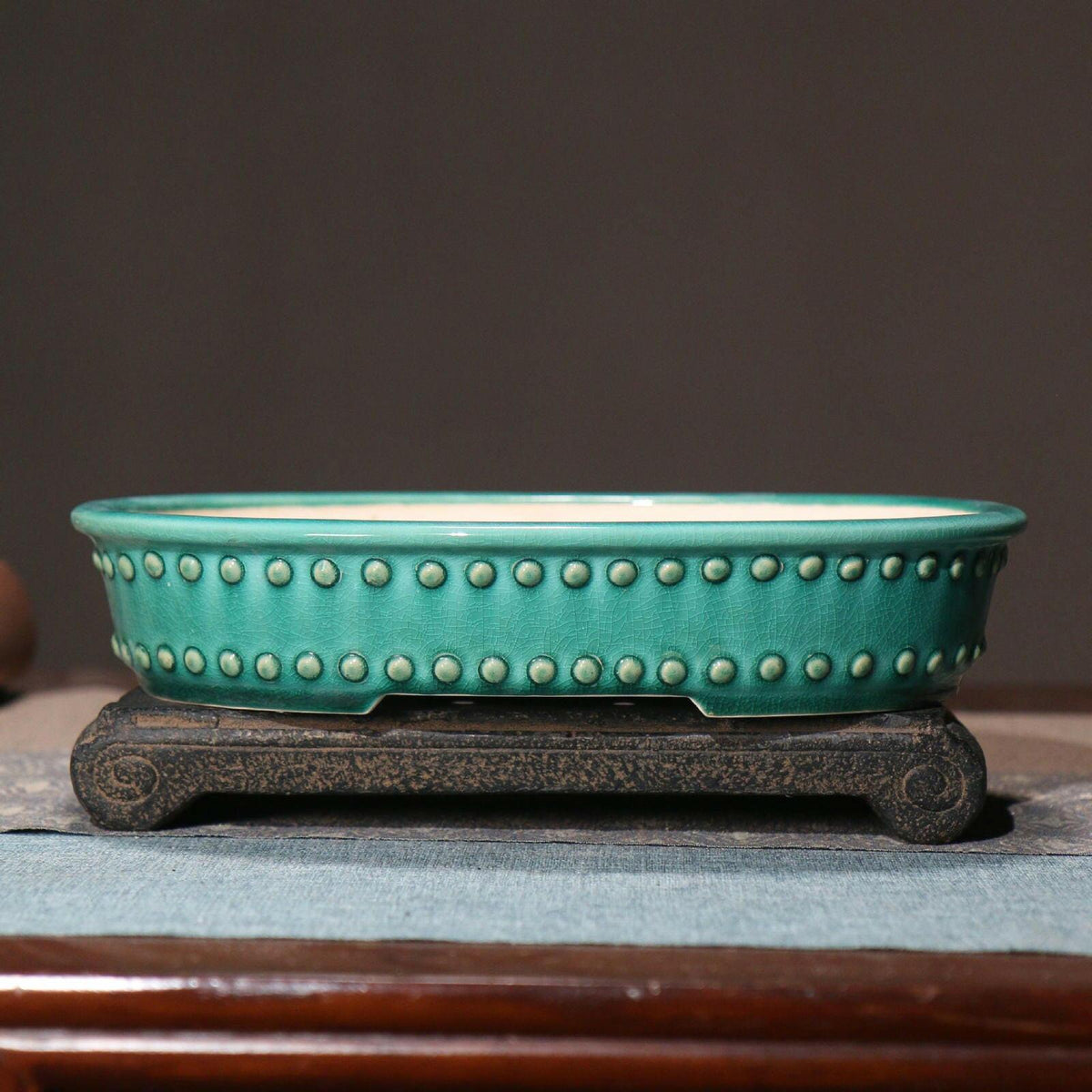 11" (28cm) Large Oval Studded Shallow Cracked Glaze Bonsai Pot