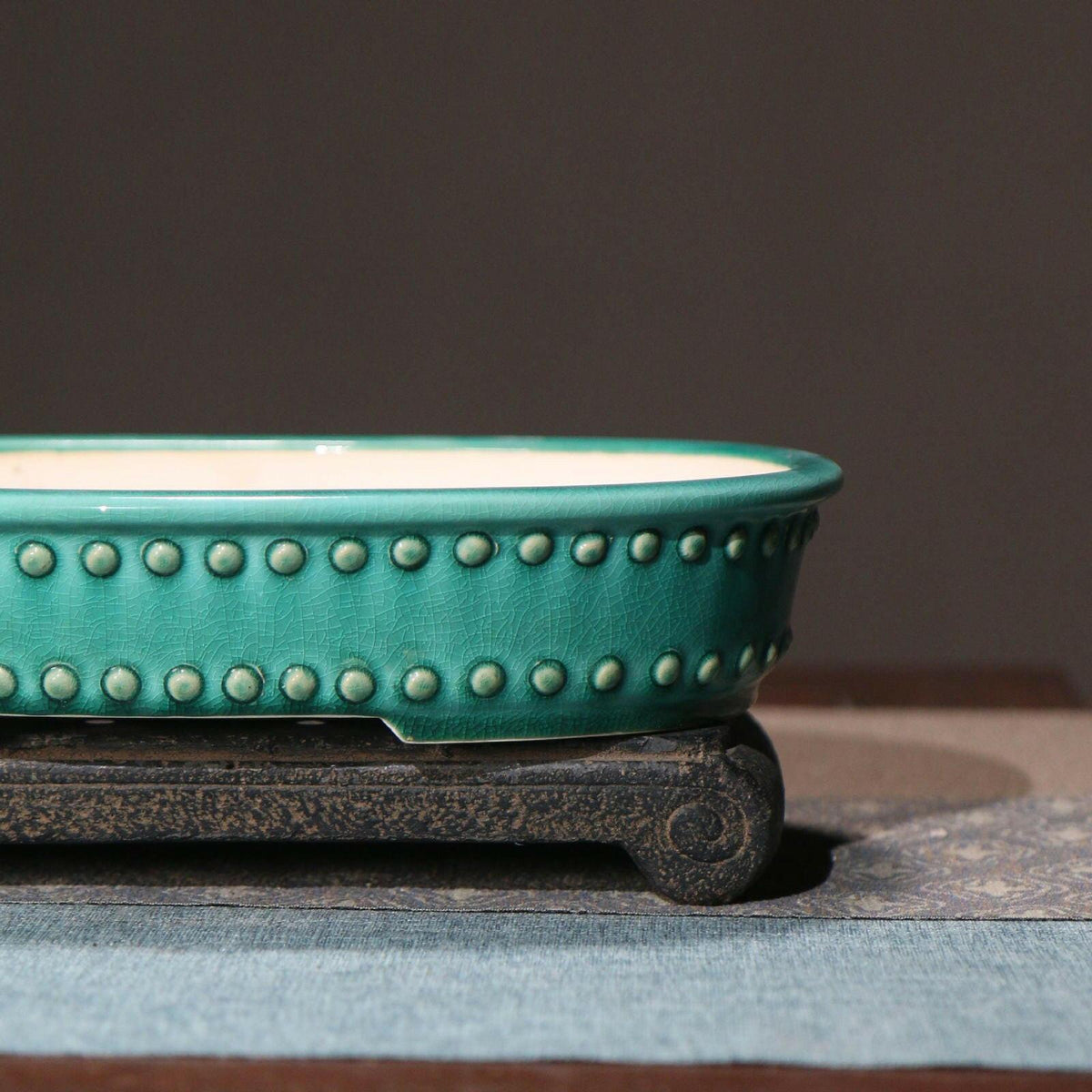 11" (28cm) Large Oval Studded Shallow Cracked Glaze Bonsai Pot Close Shot
