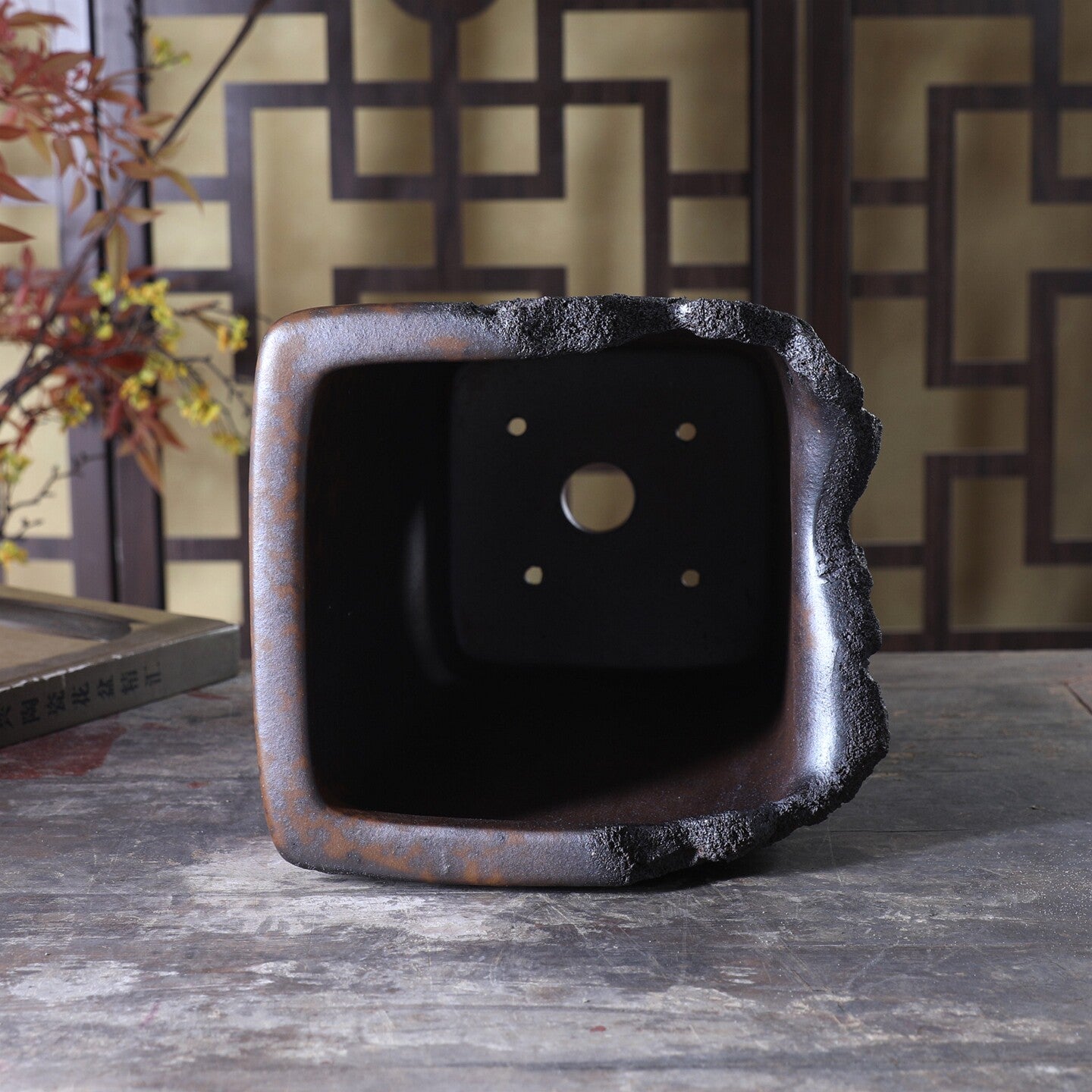 9.4 inch (24cm) Deep Square Wood-Fired Cascade Bonsai Pot w Broken Edge Style Rim Inner View